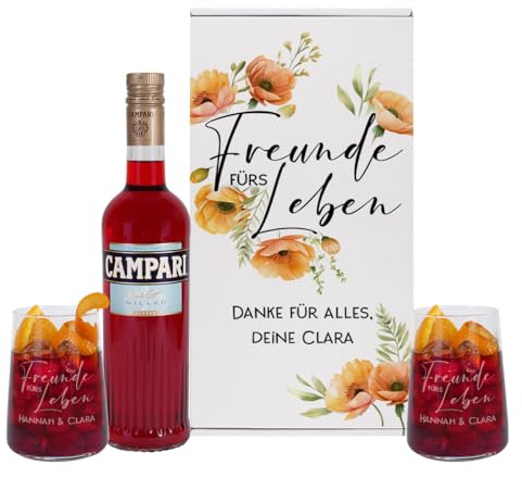 Herz & Heim® Geschenkset für Freunde mit 2 gravierten Gläsern, einer bedruckten Geschenkbox und einer Flasche 0.7l Glitter Spritz (Freunde fürs Leben - Campari)