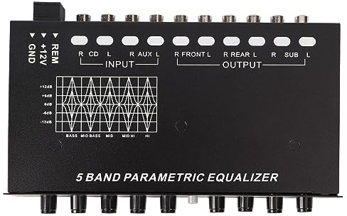 Car Audio Equalizer 5 Bänder Tuning Crossover Verstärker Grafik-EQ mit SUB-Lautstärke Einstellbar, Integriertes, Stereo-Cinch-Ausgang, AUX-Cinch-Eingang, Grafischer