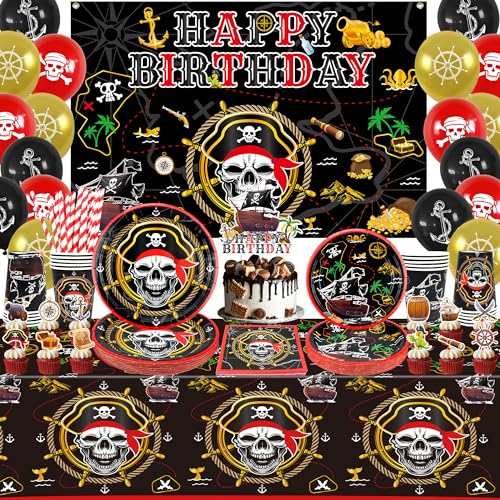 Obussgar Pirate Party Decorations - Pirate Birthday Party Supplies including Backdrop, Plate, Cake Topper, Cup, Napkin, Balloon, Tablecloth for Pirate Birthday Party Decoration (B-B)