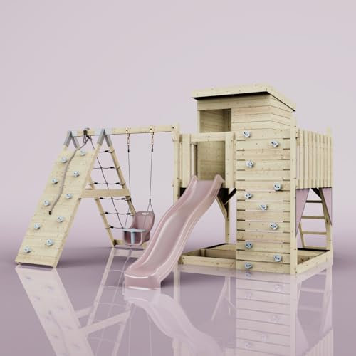 PolarPlay Spielturm Freja aus Holz in Rosa Babyschaukel