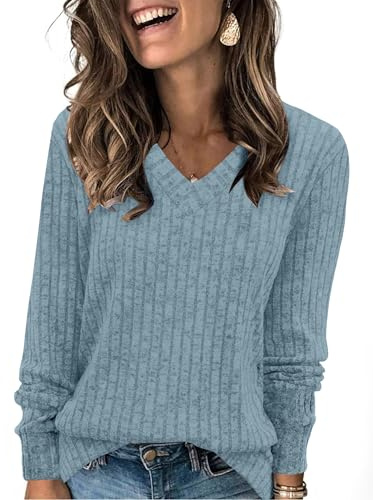 Aokosor Ladies V Neck Jumpers UK- Long Sleeve Tops for Women Ladies Basic Lightweight Tunic Blue Size 14-16