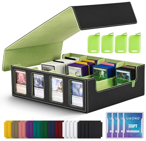 UAONO Trading Card Storage Box for Commander Display, 2400+ MTG Deck Box with 4 Toploader, TCG Card Case fits Magic PTCG Sports Cards(Black&Lemon green)