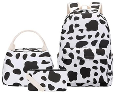 Rucksack, Schulrucksack, mehrfarbig, Kuh-Druck, für Teenager, Mädchen, Büchertasche mit Lunchbox und Federmäppchen, Affen-Rucksack mit Leine, Schwarz , Einheitsgröße