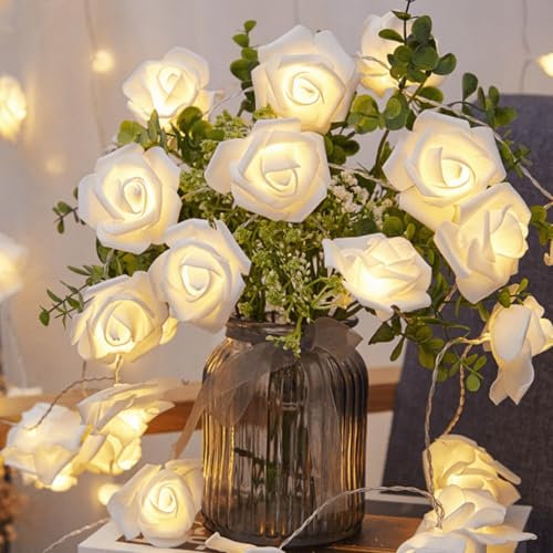 Jinlaili Guirlande Lumineuse Roses 20 LED à piles, 3 Mètres Chaude Blanche Guirlande led pour la décoration maison, Guirlande de Fleurs à suspendre, Décoration de Noël mariage Saint-Valentin (Blanc)