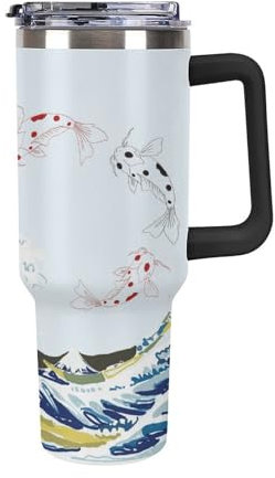 Niapessel Leak Proof Tumbler, Insulated Water Bottles with Straw, Japanese Ocean Fish Insulated Cup with Handle 40 Oz Stainless Steel Flask for School, Travel, Car, Sports, Work
