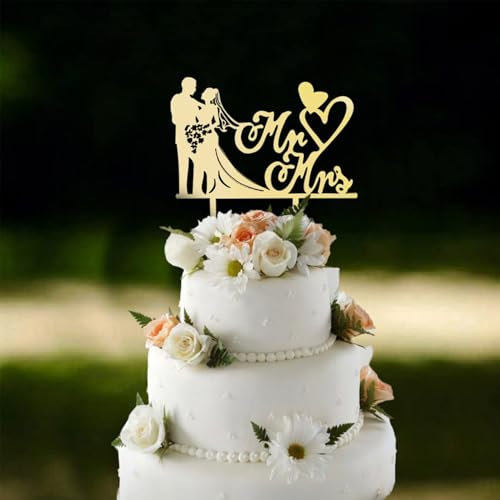Acryl Cake Topper Hochzeit Mr & Mrs,Cake Topper Hochzeit,Tortendeko Hochzeit,Tortenstecker Hochzeit,Personalisierte Dekoration Für Hochzeitstorten Und Partys(gold)