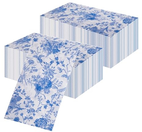 Lot de 100 serviettes de fête en papier vintage céladon, serviettes de fête à motif blanc et bleu, serviettes jetables pour décorations de table, taille XL : 40 × 33 cm