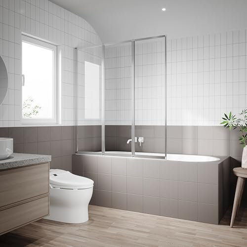SIRHONA parois de douche, 130 x 140 cm pare-baignoire, rétractable pliable, peut être tourné de 180°, verre trempé de 4 mm, argent brillant