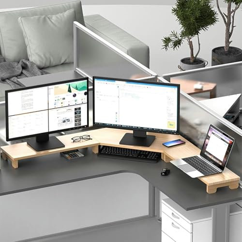 WOTZOV Corner Monitor Stand Corner Desk 3 Monitor Stand Riser, Wood Computer Screens Organizer Storage Rack, Laptop Riser Office Tabletop Organization Corner Shelf,Brown