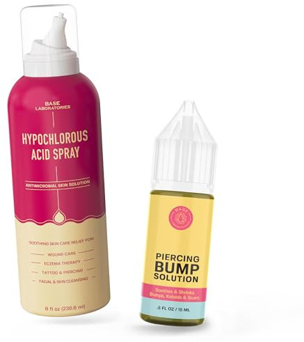 Base Labs Hypochlorous Acid Spray Piercing Aftercare Kit | Keloid Bump Removal Treatment Oil (15ml) & Hypochlorous Acid Piercing Aftercare Spray (240ml) | Saline Solution for Piercings Bumps Keloids