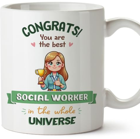 MUGFFINS Social Worker Woman Mug - in English - Best in Universe Trophy - Funny Gift for Colleagues - Ceramic 11oz Mug