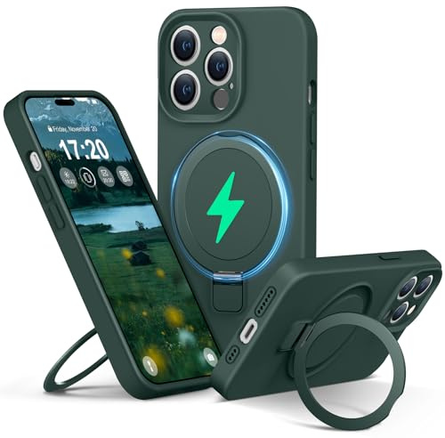PuyaTeya Liquid Silicone Case for iPhone 14 pro with Magnetic Ring Stand, Upgraded camera lens protection, Mil-Grade Drop Shockproof, Anti-Scratch Microfiber Lining Silicone Case(Green)