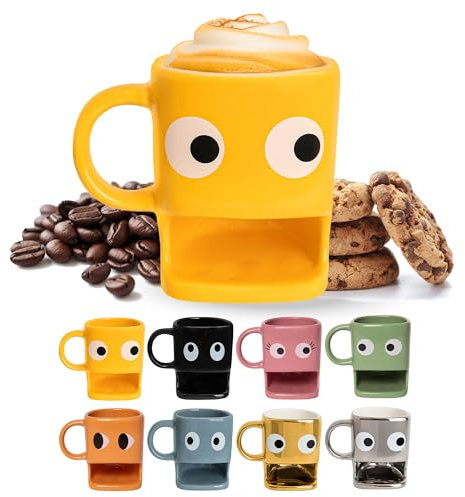 FISURA - Original Coffee Mugs with Biscuit Compartment, Yellow Ceramic Tea Mug with Stylish Design, Cappuccino Coffee Caps, Latte, hot Chocolate caps, Capacity 240ml