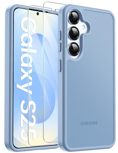 FLLAO Matt Handyhülle für Samsung Galaxy S25 Hülle und 2 Schutzfolie, mit Kameraschutz [Militärnorm Schutz] urchscheinende PC Rückseite TPU Bumper Hülle für Samsung S25 5G - Blau