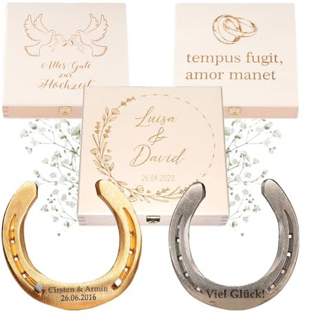 Hochzeitsgeschenk | Hufeisen mit Geschenkbox inkl. Personalisierung | Glückshufeisen mit Gravur | Personalisiertes Geschenk zur Hochzeit | Glücksbringer Brautpaar | Geschenk Namen