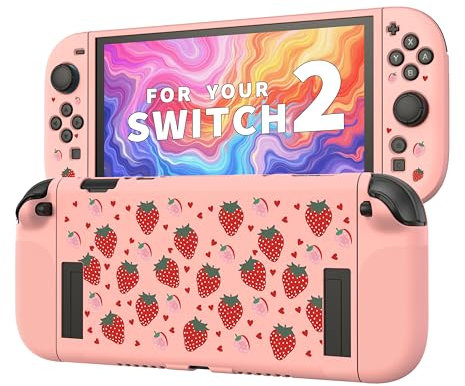 JEMDO Coque Fraise Rose pour Switch 2 (2025) – TPU Mat Antichoc, poignées antidérapantes, Design Mignon, Format Fin et Ergonomique,Strawberry
