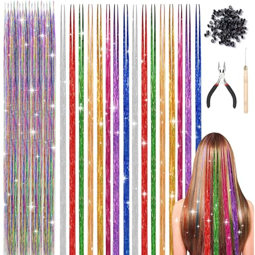 52 Pièces Mèches de Cheveux Tinsel Colorés 48inch Extension de Cheveux | pour Enfants Extensions de Paillettes de Cheveux, Pince, Crochet avec 100 Perles, Pince pour Tresses de Queue de Cheval