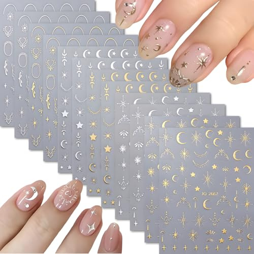 SHOFUL 12 Blätter Silber Gold Mondstern Nagelkunst-Sticker - 3D Selbstklebende Decals für Design und Decoration - Zubehör für Frauen