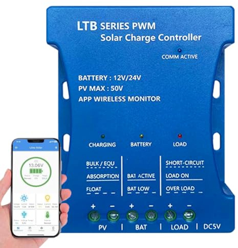 20A Bluetooth Laderegler Solar 12V/24V Solar Ladegerät Controller Solarpanel Intelligente Solarladeregler PWMs mit USB Port PV:50V für Blei Säure,LiFePO4,Lithium Batterien