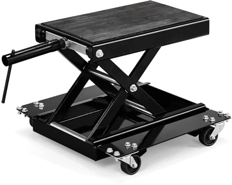 SUNROAD 1100 LBS Motorcycle Scissor Lift Jack with Dolly, Heavy Duty Motorcycle Center Stand with Wide Deck, Ratchet & Crank for Garage Maintenance, ATV & Dirt Bike