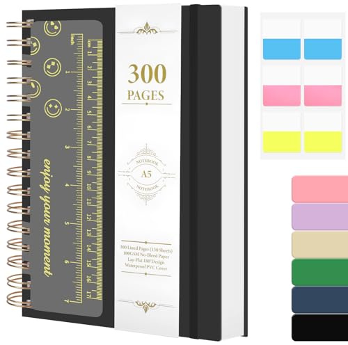 AOOSU Spiral Anteckningsbok A5, inbunden linjerad anteckningsbok i läder med 300 sidor 100 gsm tjockt papper, anteckningsblock för kvinnor och män innehåller klistermärken, en linjal för kontor