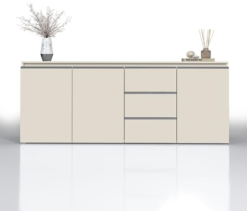 WHOUS Credenza e Buffet MAGIC per Soggiorno con 3 Ante e 3 Cassetti, Madia per Salotto, Cucina e Sala da Pranzo in Legno, 200x40x80, Cashmere