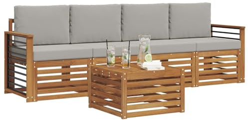 vidaXL Sofagarnituren 5 pcs Natürlich und Hellgrau Massivholz Akazie, Moderne, langlebige Garten-Sofagarnitur, sectionale Möbel für Patio, Terrasse, entspannte Sitzgelegenheit