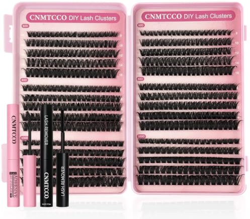 CNMTCCO Individual Eyelashes 570pcs Natural Cluster Lashes D Curl Fluffy Lash Clusters Wispy Individual Lashes Cluster for DIY Lash Extensions at Home (10-16mm 60+80+100D Glue Kit)