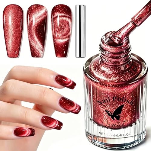 Red Cat Eye Nail Polish Without UV Lamp –Magnetic 3D Effect 12ml | Easy Air Dry Application – No UV lamp required, perfect for DIY manicures and creative nail styles