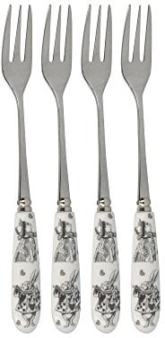 V andA Alice in Wonderland Stainless Steel Dessert/Pastry Forks with Decorative Porcelain Handles, 15.5 cm - White
