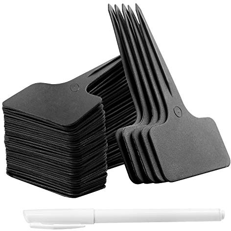 Whaline 100 Pcs Plastic Plant Labels Black T-Type Garden Stake Tags Waterproof Plant Markers Reusable Plants Signs for Outdoor Indoor Nursery Potted Plants Seed with A White Marker Pen (6 x 10 cm)