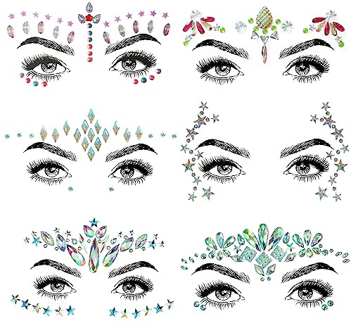 SHINEYES 6 Pcs Gemstone Face Stickers for Music Festival Holiday Party, Rhinestone Face decal for Halloween Christmas, Face Glitter Sticker Temporary Tattoo for Birthday Carnival