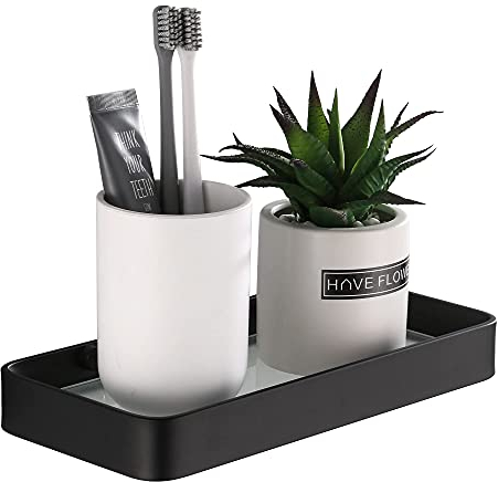 DUFU Duschkorb ohne Bohren Duschregal Selbstklebend Duschwanne mit rostfreiem Organizer Aufbewahrung Kein Schaden Gehärtetes Glas Raum Aluminium Badezimmerzubehör 25cm Schwarz