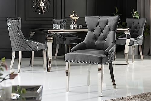 Riess Ambiente Eleganter Stuhl Castle grau Samt mit Löwenkopf im Barock Design Esszimmerstuhl Stühle Chesterfield Look