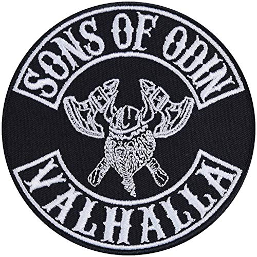 Wikinger Aufnäher | SONS OF ODIN - VALHALLA | Vikings Patch Göttervater Odin | Wikinger Axt Bügelbild nordische Mythologie Geschenk Vikings Fans Applikation für alle Stoffe | 90x90mm