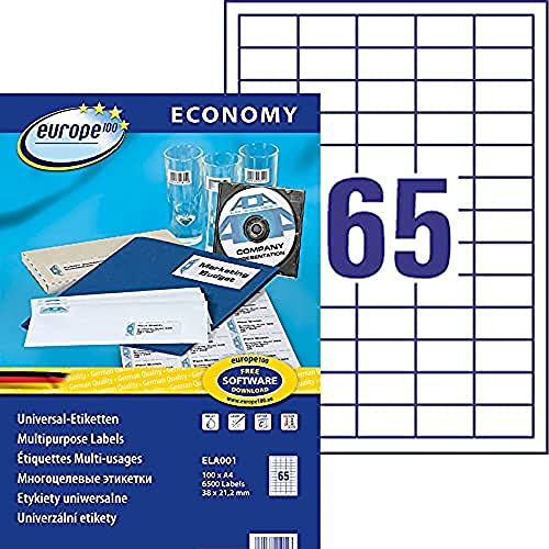 Europe 100 Mehrzweck-Etiketten, selbstklebend, 38 x 21,2 mm, Weiß, 6500 Stück