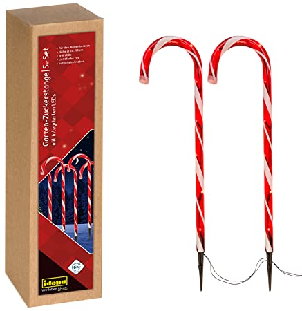 Idena 31348 - LED-Zuckerstangen Set, 5 rot-weiße Leuchtstäbe, ca. 38 cm hoch mit 40 LED und 6 Stunden Timer-Funktion, batteriebetrieben, inkl. Erdspieß, als Dekoration im Advent und zu Weihnachten