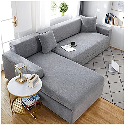 AMDXD Sofaüberwürfe 3 Sitzer+4 Sitzer, Einfarbig Blätter Muster Elastische Stretch Sitzer Sofa Überzug Geeignet für 1/2/ 3/4 Sitzsofa und Ecksofa, in Polyester, Anti-Rutsch, Elastischer, Silber Grau