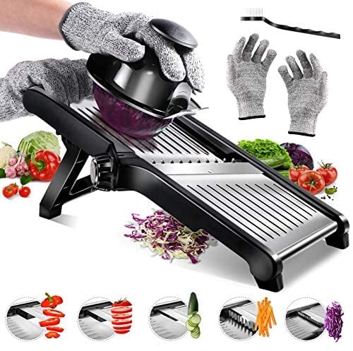 Mandoline Cuisine, Masthome Coupe Legume Multifonctions, Mandoline Reglable Inox Faire des Tranches Épaisses de 1 à 9 mm, Professionnelle Cuisine avec Protège Main et Gants de Sécurité