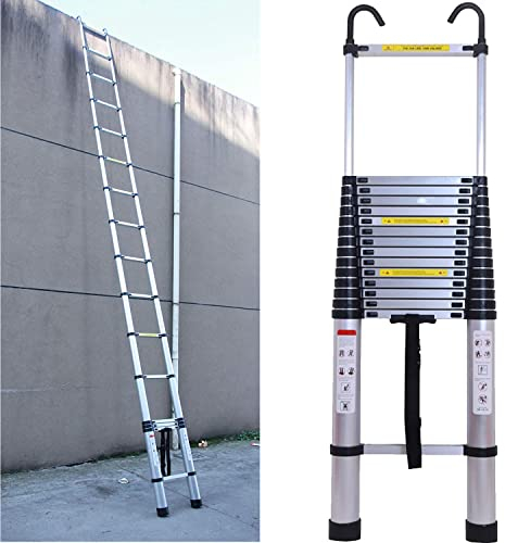Échelle Télescopique de 5 m, Échelle Télescopique en Aluminium avec 2 Crochets, Échelle Extensible Polyvalente, Facile à Utiliser, Charge Maximale de 150 kg, Argenté