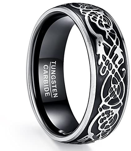 Bague Homme en Carbure de Tungstène, Anneau Dragon Celtique, 8 mm, Alliance de Mariage Noir et Argent Taille 57(18.1)