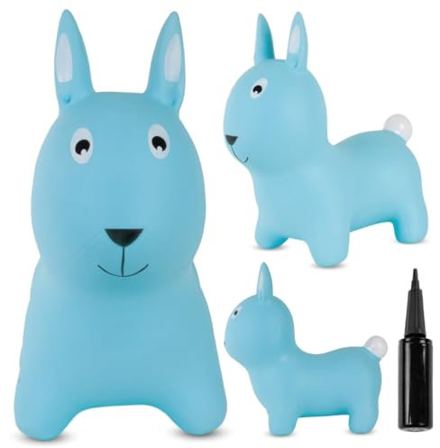 sun baby Hüpftiere ab 1 Jahr mit Pumpe aufblasbares Hüpfspielzeug aus Hochwertigem und Strapazierfähigem Gummi, Verschiedene Designs (Blaues Hase)