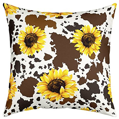 Sonnenblume Kuh Kissenbezug 45x45cm Set Of 1 Für Kinder Mädchen Jungen,Rustikales Kuhfell Braun Kissenbezug Gelb Floral Wildlife Bauernhof Kissenbezug,Abstrakte Milchkuh Dekorative Kissenabdeckung
