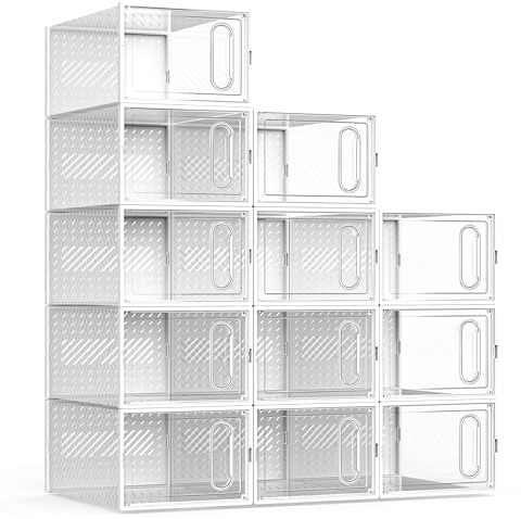 GONAT Große Schuh-Organizer, 12 Stück Boxen, transparenter Kunststoff, stapelbar, staubdicht für Schrank, guter Ersatz für Schuhregal, unter dem Bett, weiß.