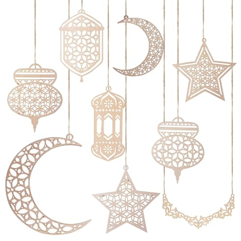 Mecctuck 9 Stück Ramadan Deko, Holz Anhänger Ornament, Ramadan Mubarak & Eid Mubarak Dekoration, Islamische Deko, Mond & Stern Anhänger für Ramadan & Eid Party Deko