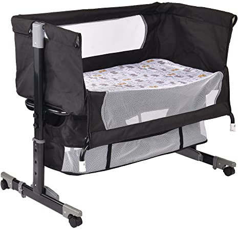 HUOLE Beistellbett mit Aufbewahrungskorb, Einfach Zusammenklappbares Tragbares Kinderbett,Verstellbares Tragbares Bett für Säuglinge/Neugeborene, 92 * 58 * 70-90cm-schwarz