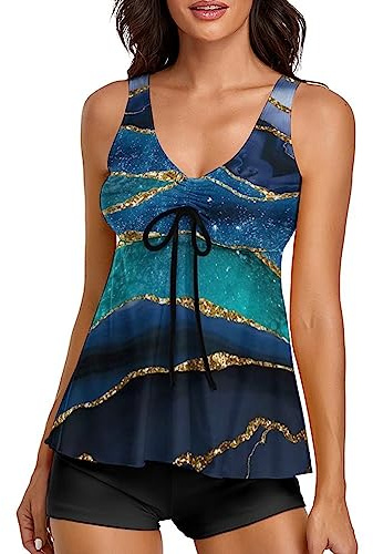 wihnsinop Tankini Damen Bauchweg Badeanzug Push Up Oberteil mit Badeshorts Bademode Set Zweiteiler Sommer Drucken Badeanzüge für Damen Strand Ferien Freizeit