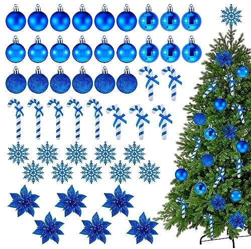 Harrycle 50 Pcs Navy Blue Christmas Tree Decorations Christmas Baubles Small Ball Ornaments Artificial Glitter Snowflake Decorative Poinsettia Flowers Candy Cane for Xmas Tree Topper Outdoor Home