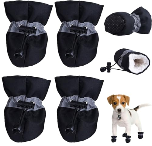 FaJoek Wasserdichte Hundeschuhe Mit Reflektierenden Riemen - Anti-Rutsch Pfotenschutz für Kleine Hunde Im Winter - 4 Stück (Schwarz, #7)