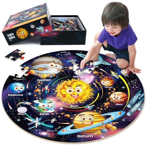 SYNARRY Giant Solar System Floor Jigsaw Puzzle for Kids 3 4 5 6 7 8 Year Olds, 70 Piece Big Round Space Planets Astronaut Jigsaw, Space Toys Gifts for Toddlers Children Boys Girls